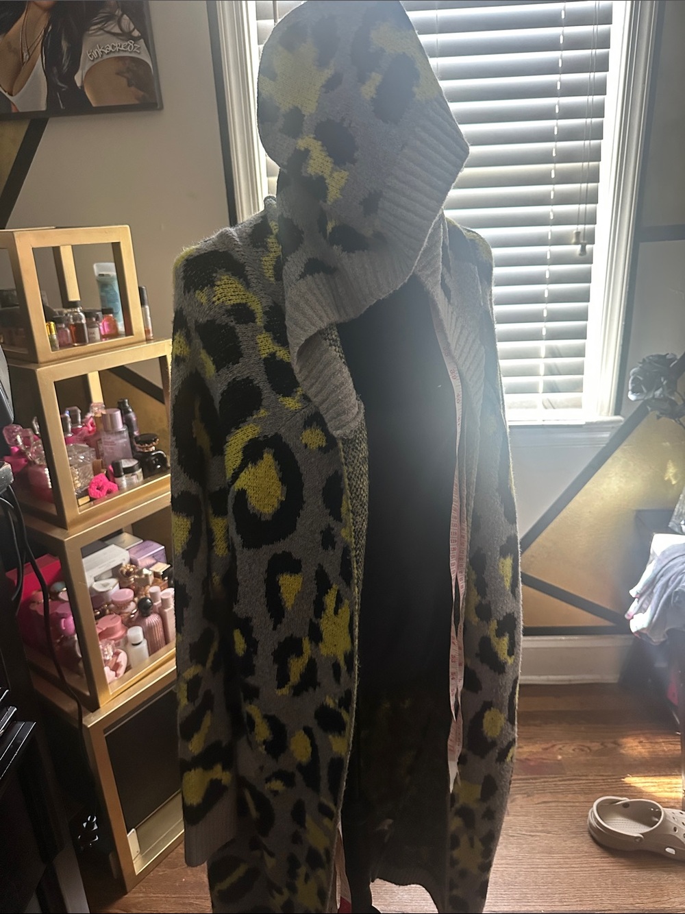 Fashion Nova Gray & Yellow Leopard Hooded Cardigan